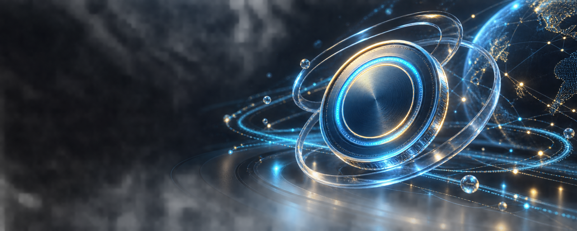 Abstract glass rings around a luminous digital currency